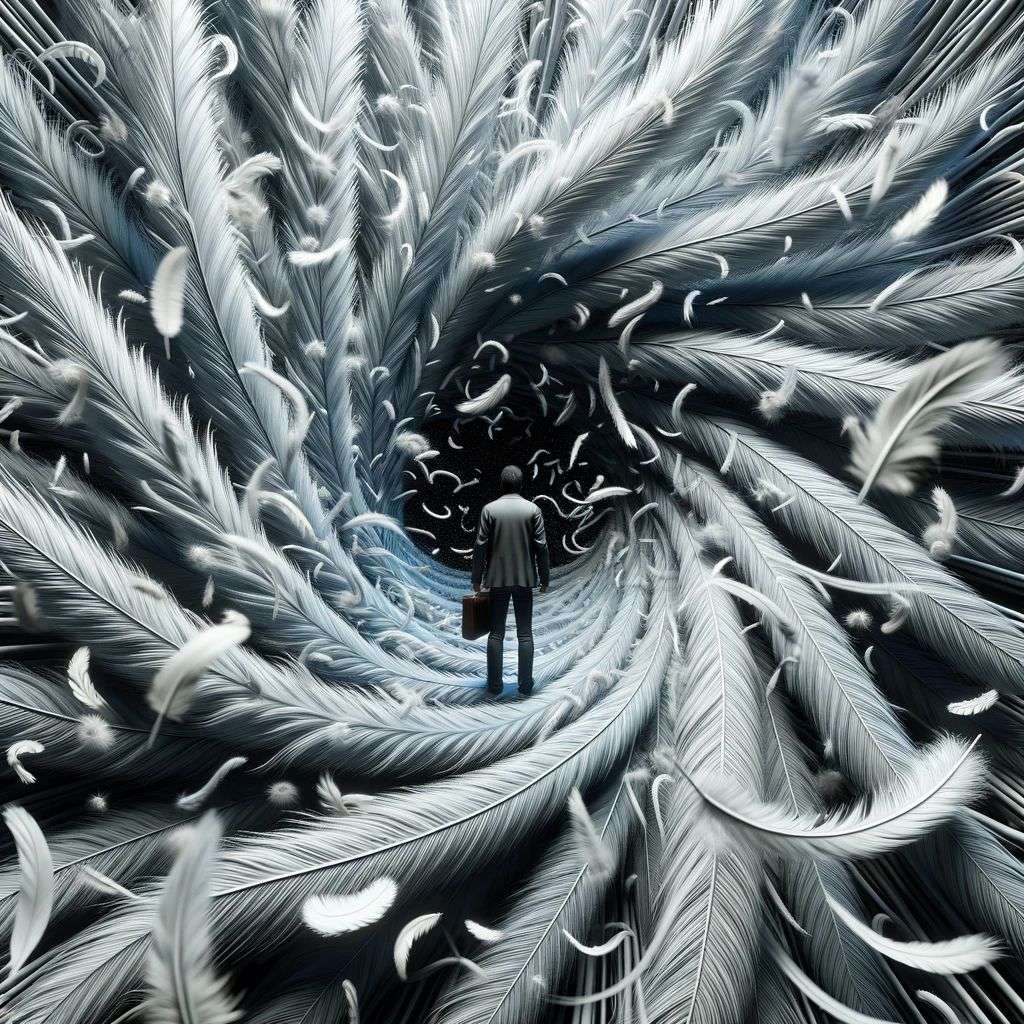 a representation of anxiety, digital art, made from feathers
